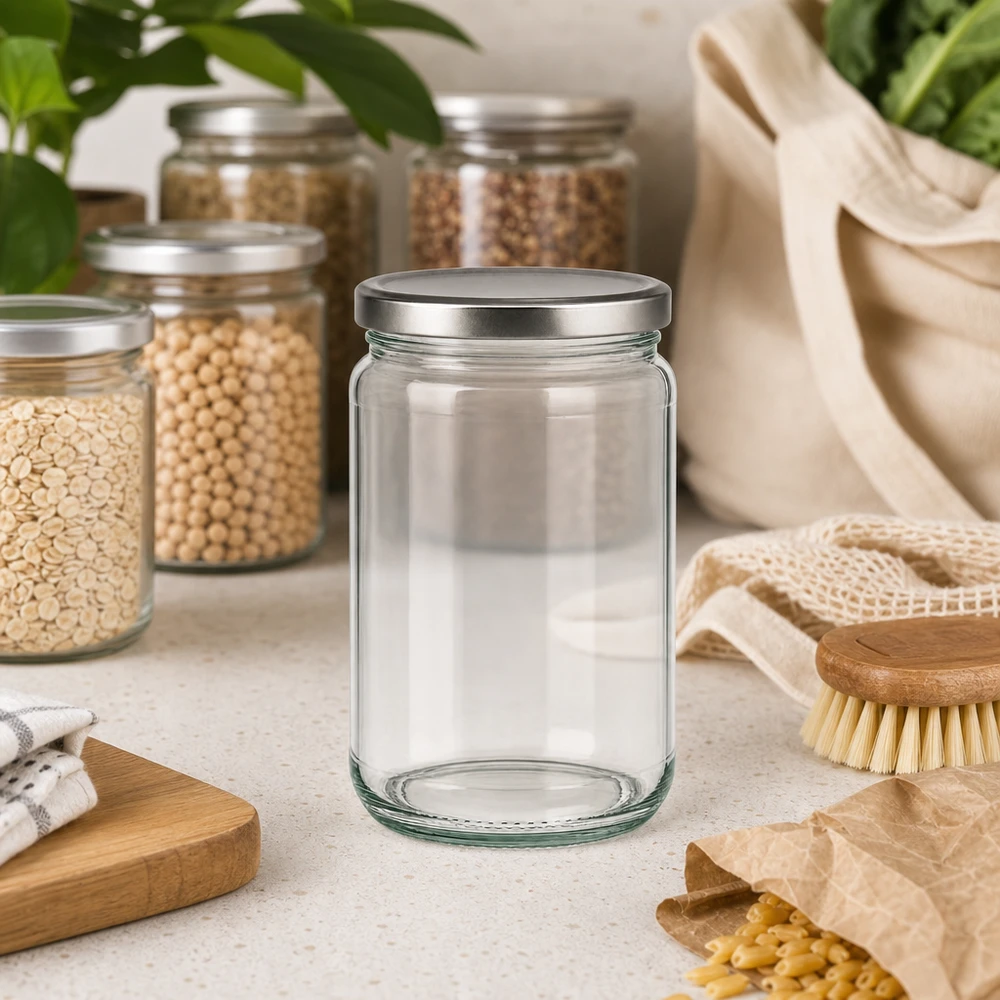 305ml rond glas met BasicSeal deksel zilver UNiTWIST 305ml ronde pot leeg met BasicSeal deksel in duurzame zero waste keuken met voorraadpotten en eco producten