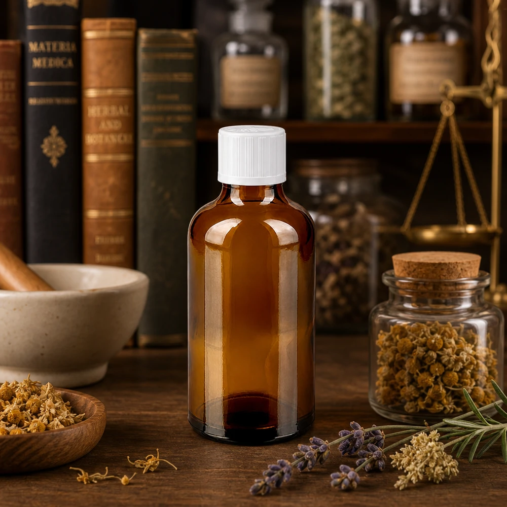 Bruine glazen fles 50ml met wit schroefsluiting kinderslot St Bruine glazen fles van 50 ml met een witte kindveilige sluiting, afgebeeld tegen de achtergrond van antieke Materia Medica-boeken