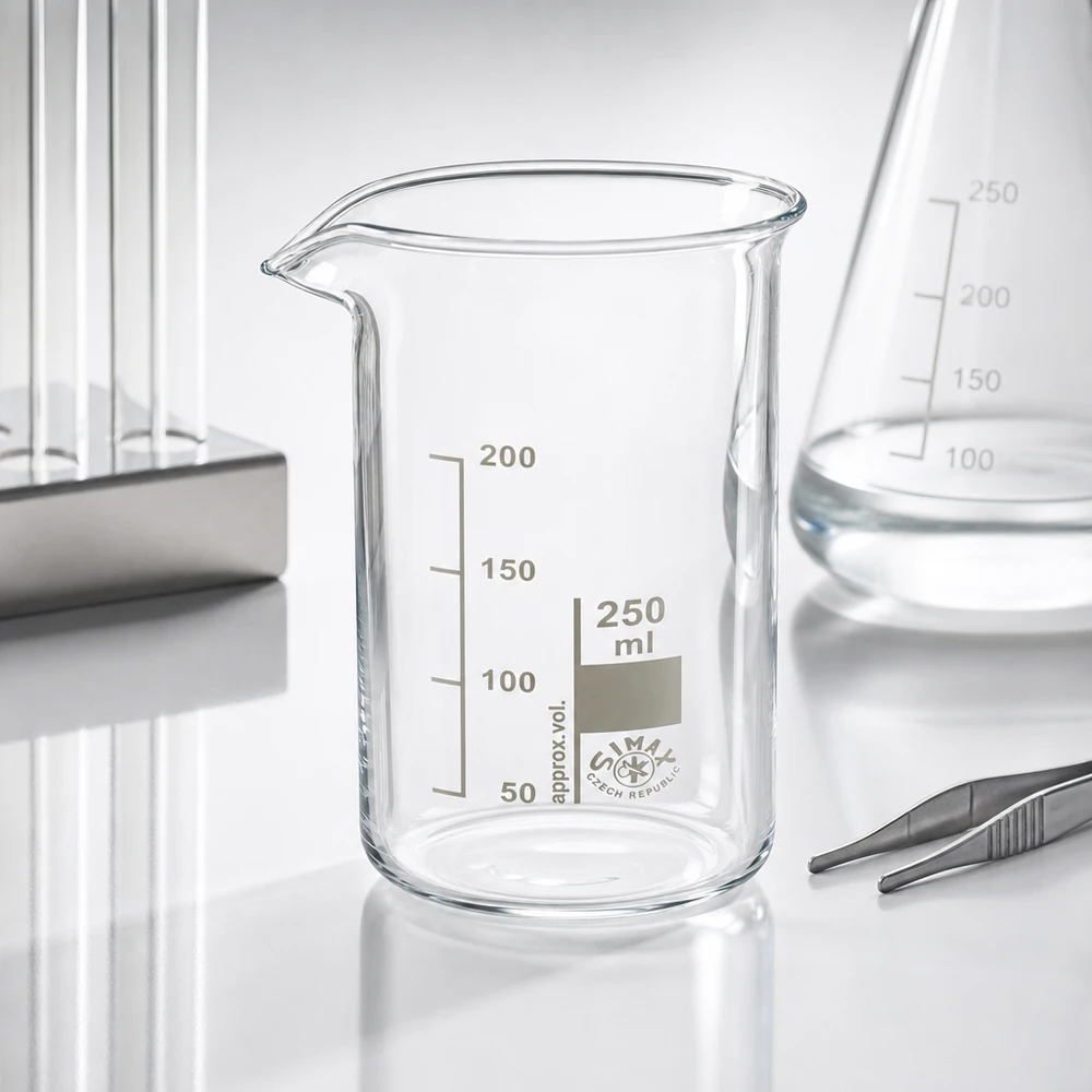 Cilindrisch bekerglas van 250 ml, gemaakt van borosilicaatglas, met schaalverdeling, van de Tsjechische fabrikant Simax