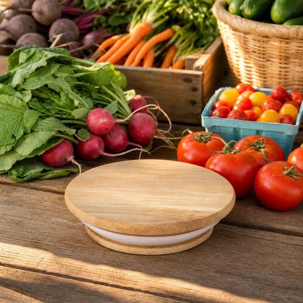 Houten deksel WECK RR40 natuurlijk eiken tussen verse groenten tomaten radijzen wortelen natuurlijke keukenomgeving