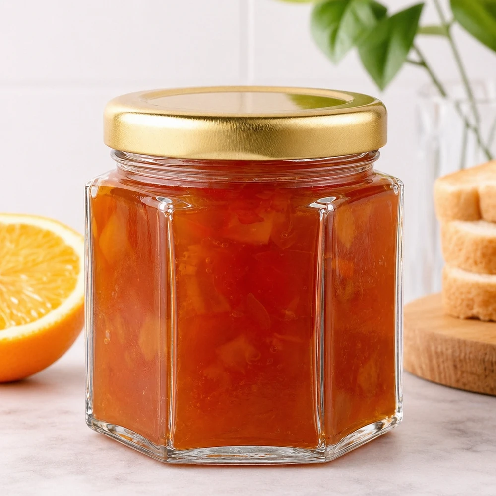 Honingpot 60 g met gouden deksel BasicSeal UNiTWIST 60 g honingpotje zeshoekig gevuld met sinaasappelmarmelade naast gesneden sinaasappel en geroosterd brood