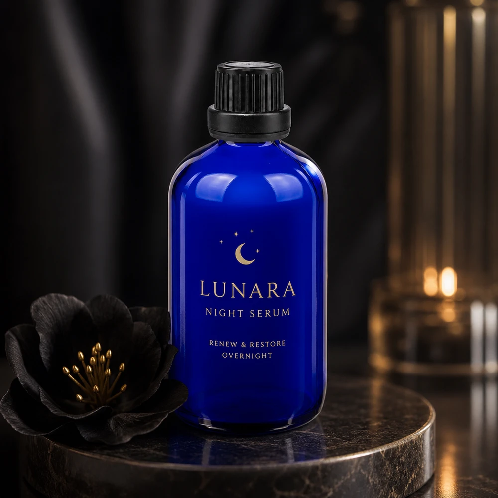 Glazen flesje met UV-bescherming, 100 ml, blauw, met zwarte originaliteitssluiting voor serums
