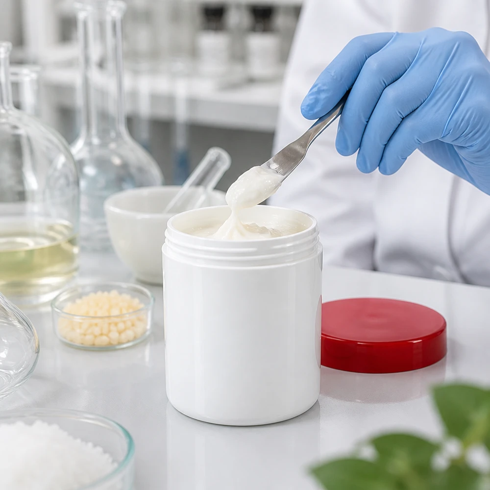 Zalfpotje PP wit 800 g met rode deksel naast een Erlenmeyer-kolf, wasparels en plantaardige olie
