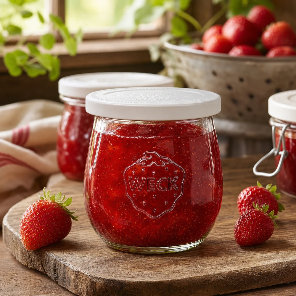 Tulpenpot van 220 ml met vershouddeksel WECK RR60 WECK tulpenpot 220ml RR60 gevuld met aardbeienjam op een houten plank - inmaakpot gedecoreerd in een rustieke keukenstijl