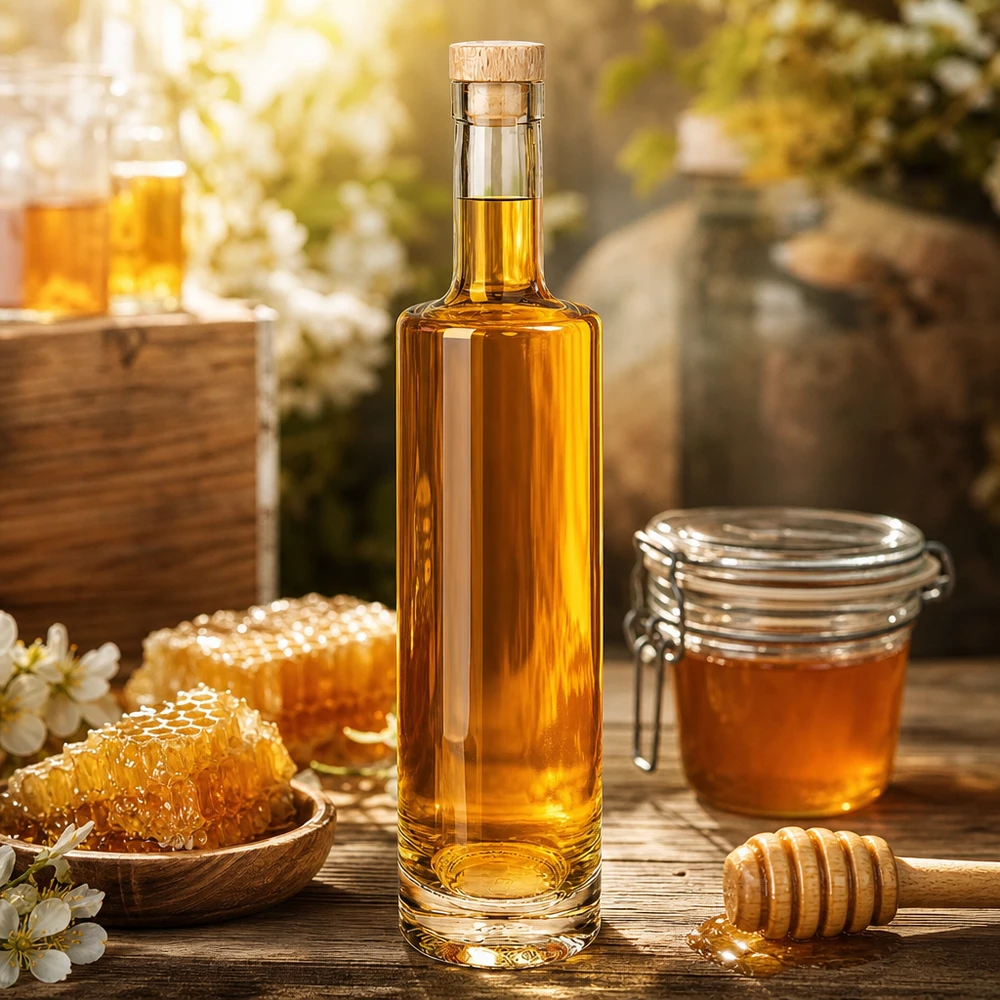 500 ml glazen fles Lina met houten handgreep UNiTWIST® Glasflasche Lina 500ml mit Honig befüllt neben Bienenwaben und Honigglas rustikale Küchendeko mit Holzkorken