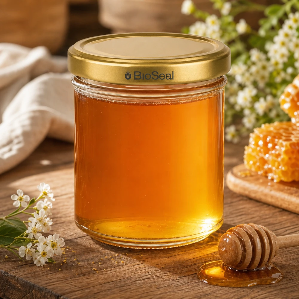 BioSeal 200g honingpot gevuld met gouden honinglepel honingraat bloemen rustieke houten decoratie