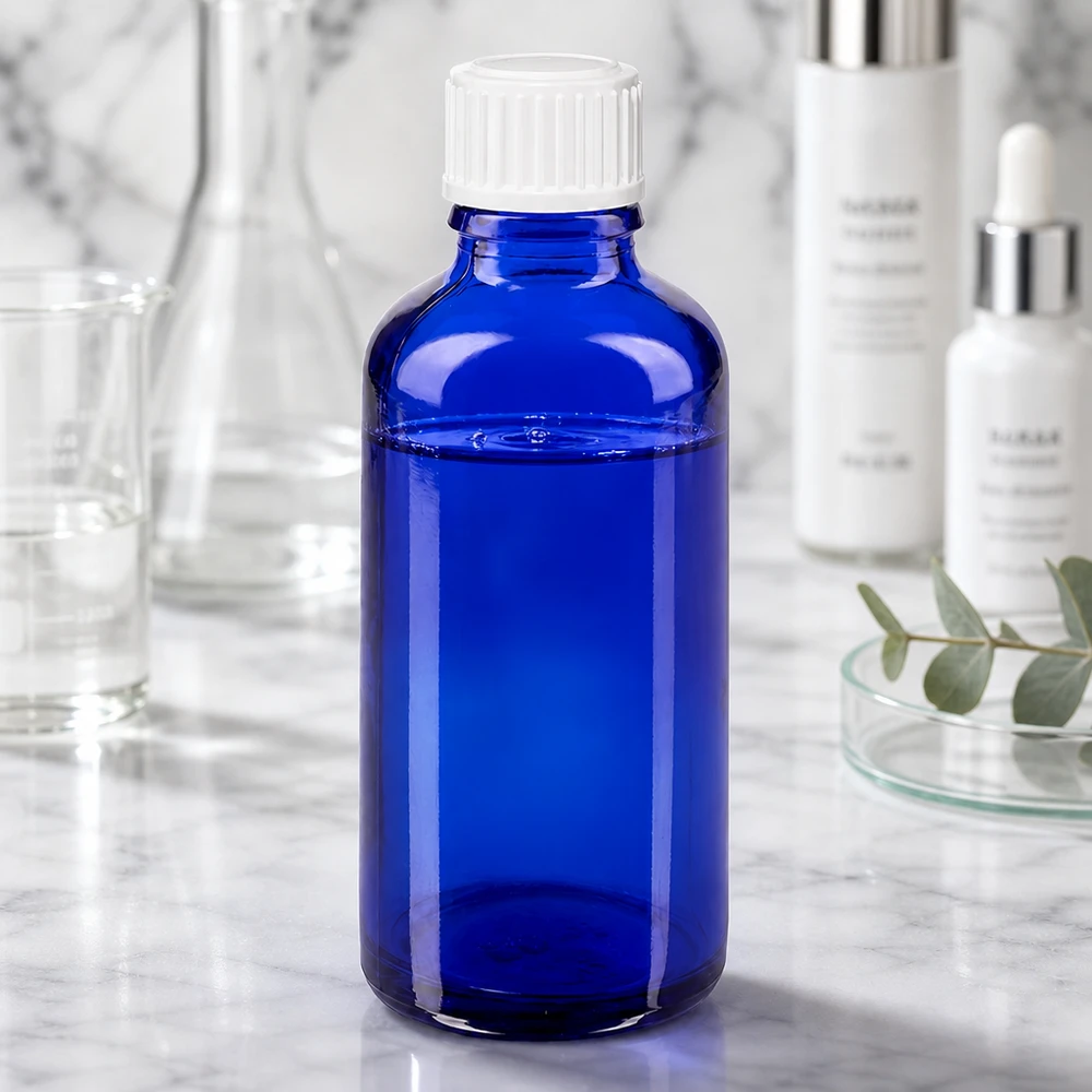 Blauwe lichtbeschermende fles van 50 ml, STD ApoGlas, met witte druppeldop voor gevoelige werkzame stoffen