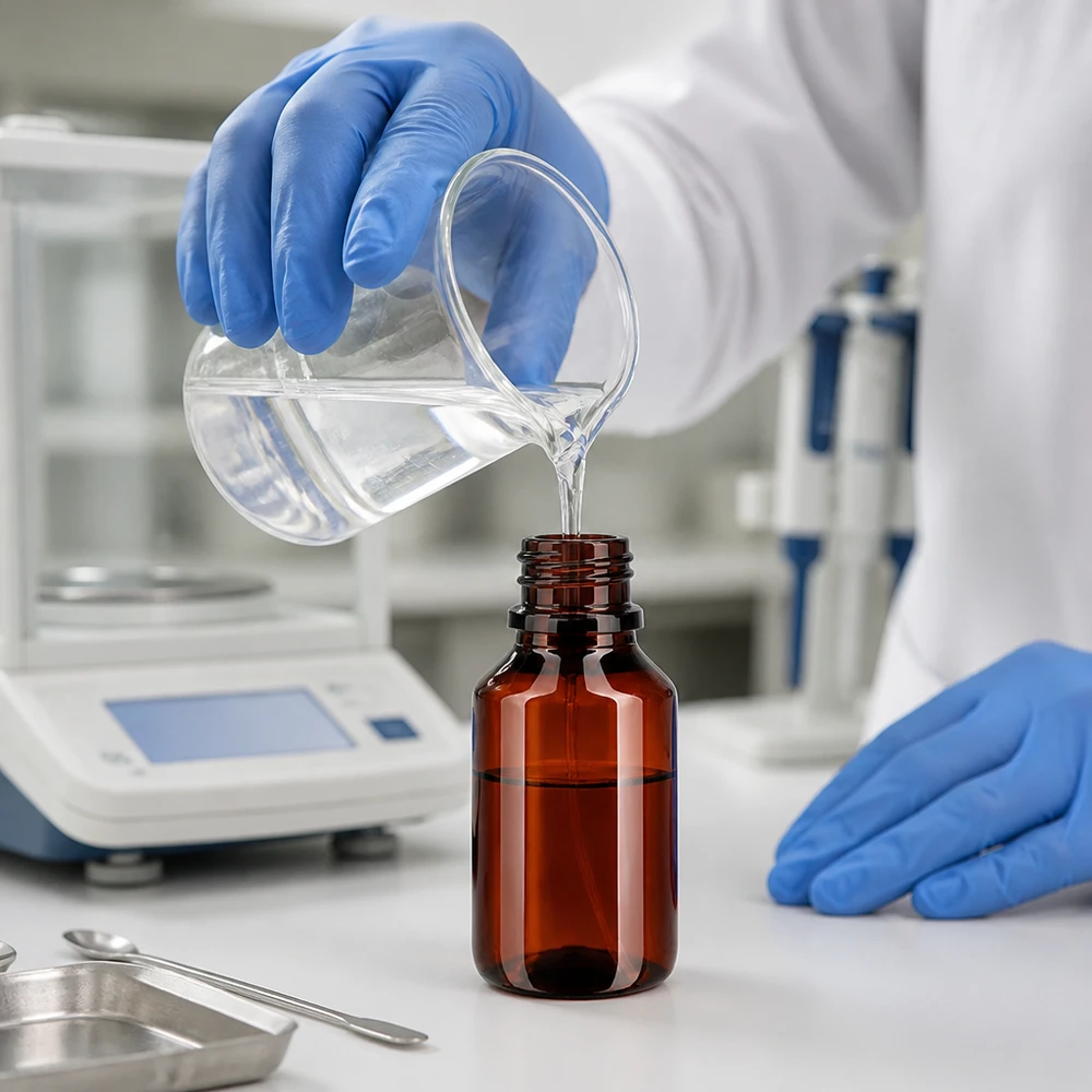 50 ml PET medicijnfles met verstuiver zwart GCMI 28/410 incl. dop transparant, standaard Laborprozess zur Herstellung von Kosmetikfluid in kleiner Braunflasche mit Schutzhandschuhen