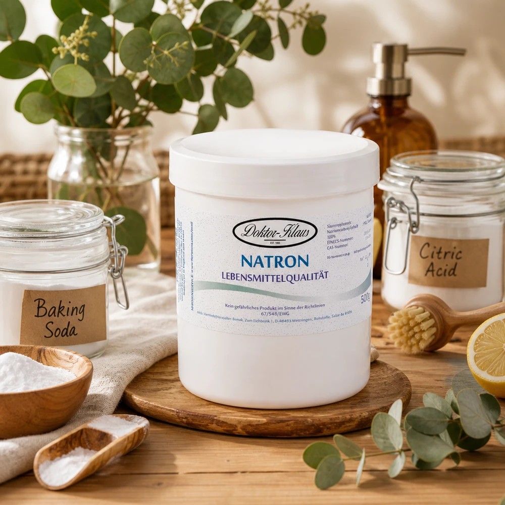 Doktor-Klaus Natron, 500g in witte pot, levensmiddelenkwaliteit Natron Doktor Klaus 500g in een praktisch wit rond blik met schroefdop om gemakkelijk te bewaren