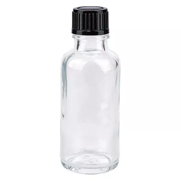 Helder glazen flessen 30ml met zwart schroefsluiting St Helder glazen flessen 30ml met zwart schroefsluiting St