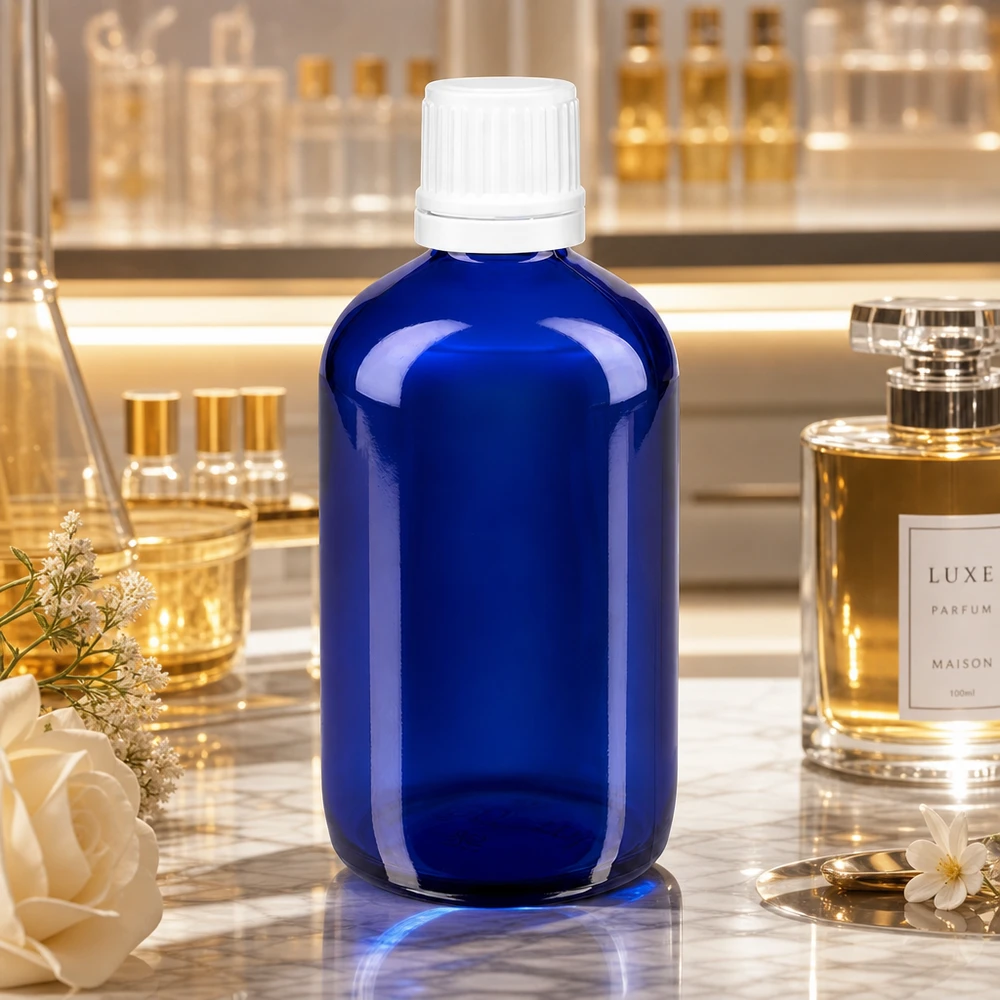 Cilindrische blauwe apothekersfles van 100 ml met een kindveilige witte dop in de schoonheidssalon