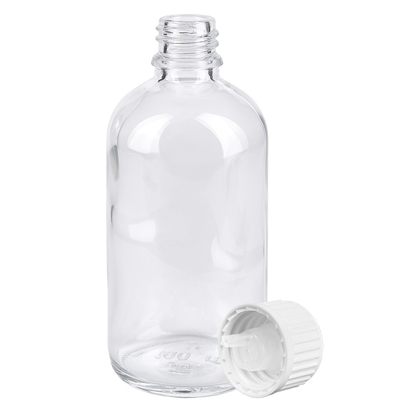 100ml druppelflesje 0.9mm wit STD ClearLine UT18/100 Lege glazen fles van 100 ml met kindveilige witte druppeldop (opening 0,9 mm) uit de ClearLine-serie