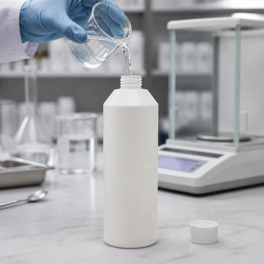Het vullen van een witte HDPE-apotheekfles van 250 ml met maatbeker in het laboratorium