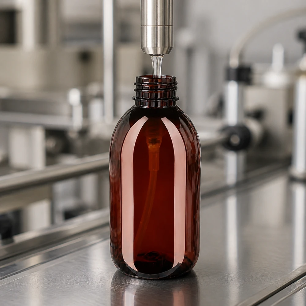 250 ml PET medicijnfles met wit dispenserpomp, standaard Hochglänzende braune 250ml PET Flasche mit Gewinde in pharmazeutischer Abfüllanlage aus Edelstahl