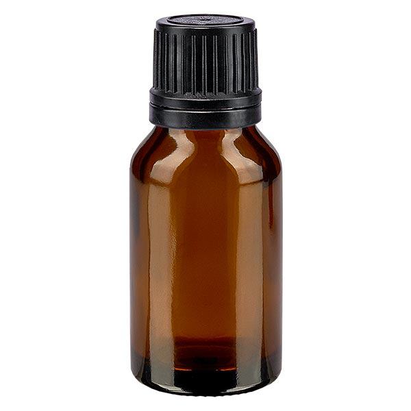 Bruine glazen fles 15ml met zwart druppelsluiting 1mm VR Bruine glazen fles 15ml met zwart druppelsluiting 1mm VR