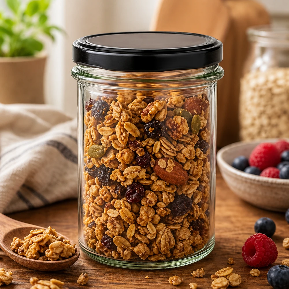 230 ml BasicSeal zwarte pot gevuld met notenmix muesli toont veelzijdige opslag voor gedroogd fruit snacks