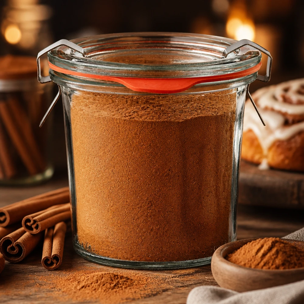 Idee voor een glazen kruidenpotje: WECK mini-stortglas 140 ml WECK-glas van 140 ml als kruidenpotje voor kaneel, met houten lepel en kaneelstokjes als decoratie