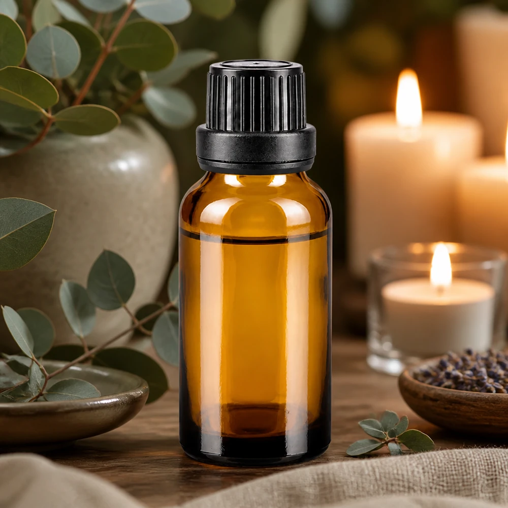Aromatherapie-flesje van 20 ml, bruin ApoGlas met zwarte schroefdop en druppelaar