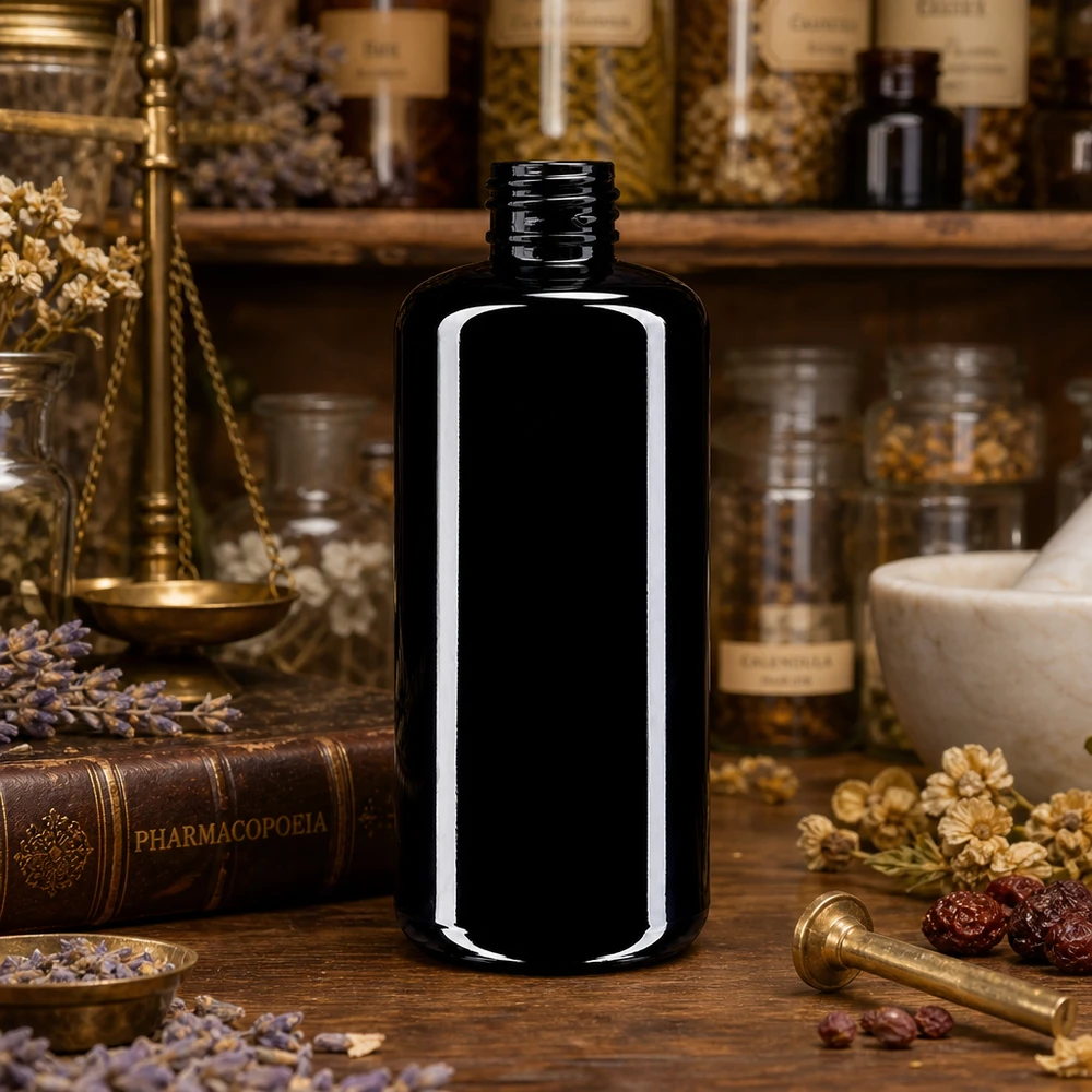 Compacte 200 ml Draco cosmeticafles van lichtbeschermend violet glas, perfect voor op reis en onderweg