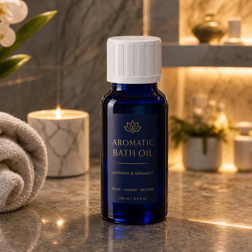 Compacte blauwe apothekersfles van 10 ml met kindveilige witte dop in de badkamer