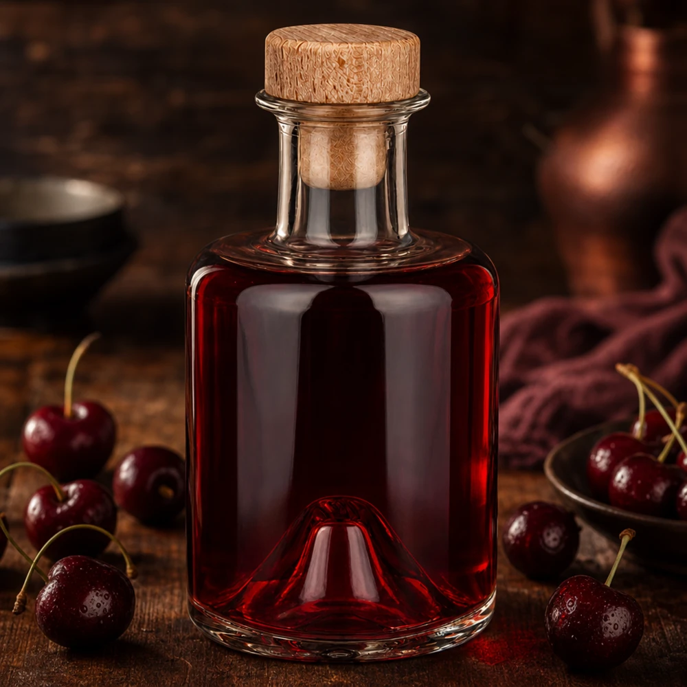 200 ml apothekersfles Sofia met houten handvat en kurk UNiTWIST® 200ml Glasflasche Sofia mit Holzkorken gefüllt mit roter Kirschflüssigkeit umgeben von frischen Kirschen auf Holzuntergr