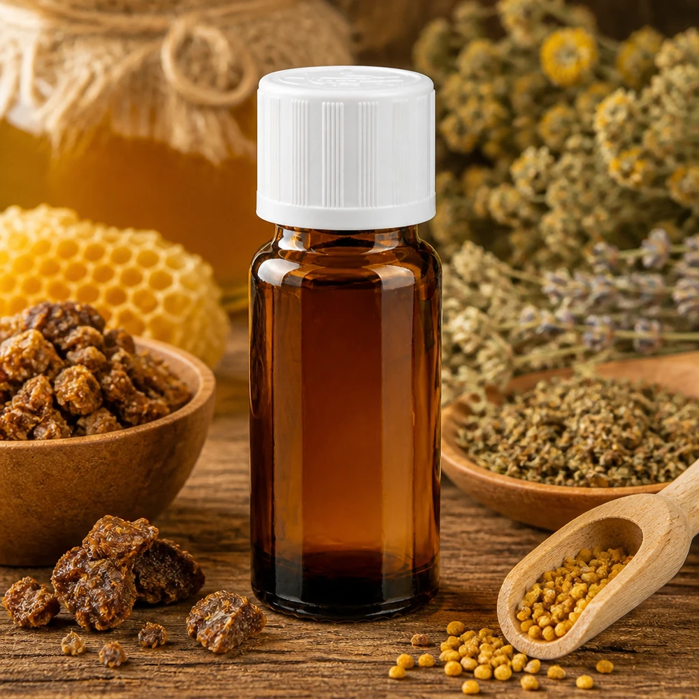 Donker glazen flesje van 10 ml met witte schroefdop voor propolis-extracten en natuurproducten