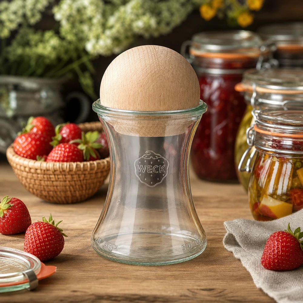 370ml delicatessenglas WECK RR80 met houten bal WECK pot 370ml RR80 houten bol beuken keuken sfeer aardbeien jam potten inmaak potten