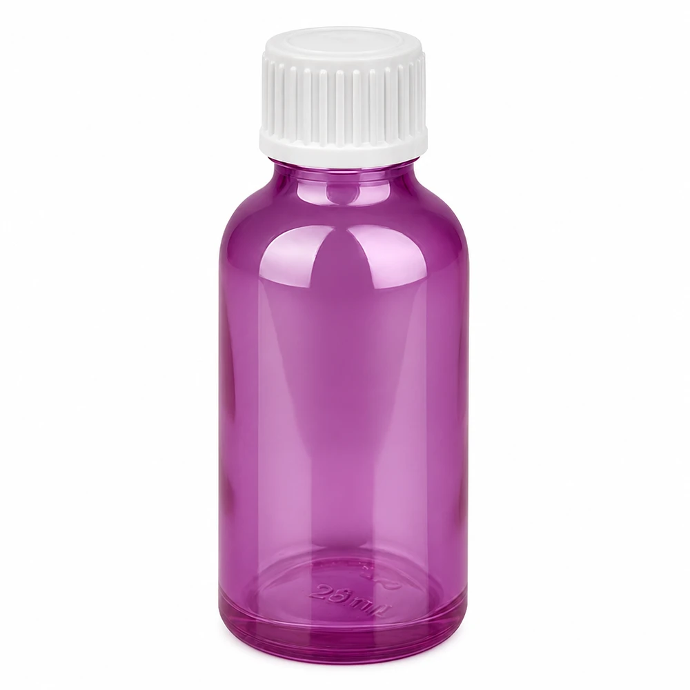 30ml druppelfles 0,9mm wit standaard PurpleLine. UT18/30 Klein paars doseerflesje van 30 ml met precieze witte druppeldop van 0,9 mm