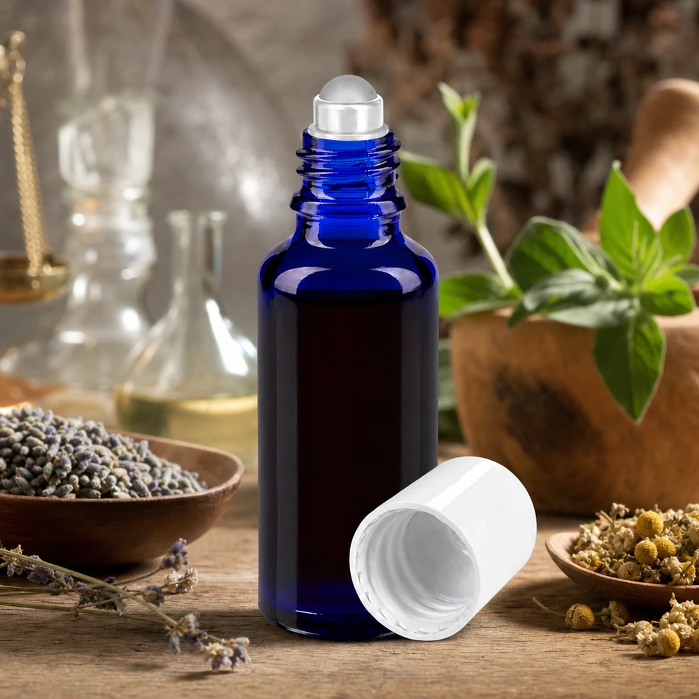 Apothekersflesje blauw 30ml roll-on cap wit Hervulbare kobaltblauwe rollerfles van 30 ml, gemaakt van UV-bestendig glas, met een witte standaarddop