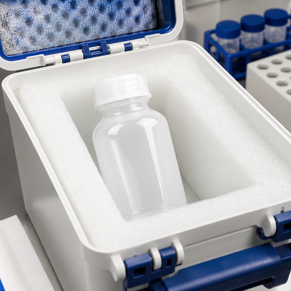 Wijde hals laboratoriumfles 100ml met sluiting Laboratoriumfles van 100 ml met brede hals en schroefdop, verpakt in een schokbestendige laboratoriumkoffer