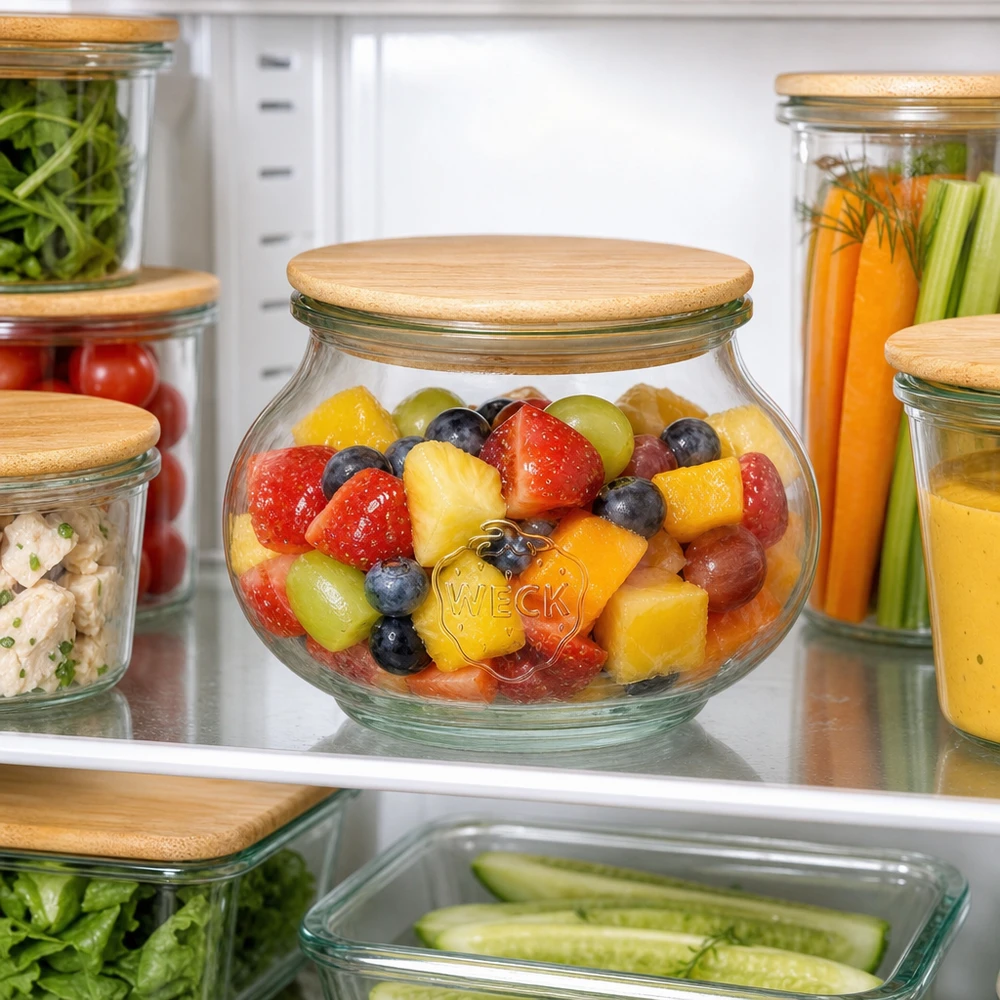 560ml juwelenglas WECK RR80 met hout deksel WECK voorraadpot 560ml RR80 met houten deksel gevuld met fruitsalade in de koelkast georganiseerd voedsel bewaren