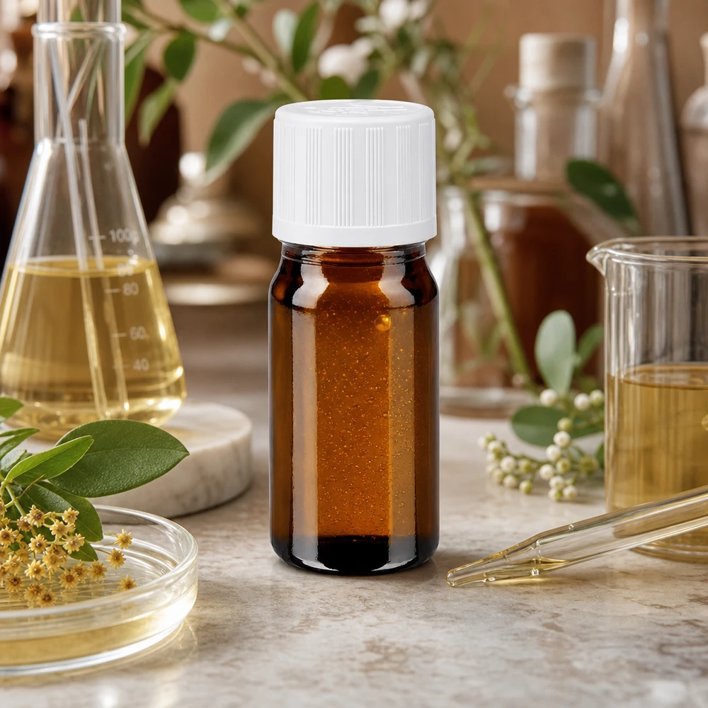 Apothekersflesje van 5 ml, bruin glas met witte veiligheidsdop, voor etherische oliën in het natuurlaboratorium