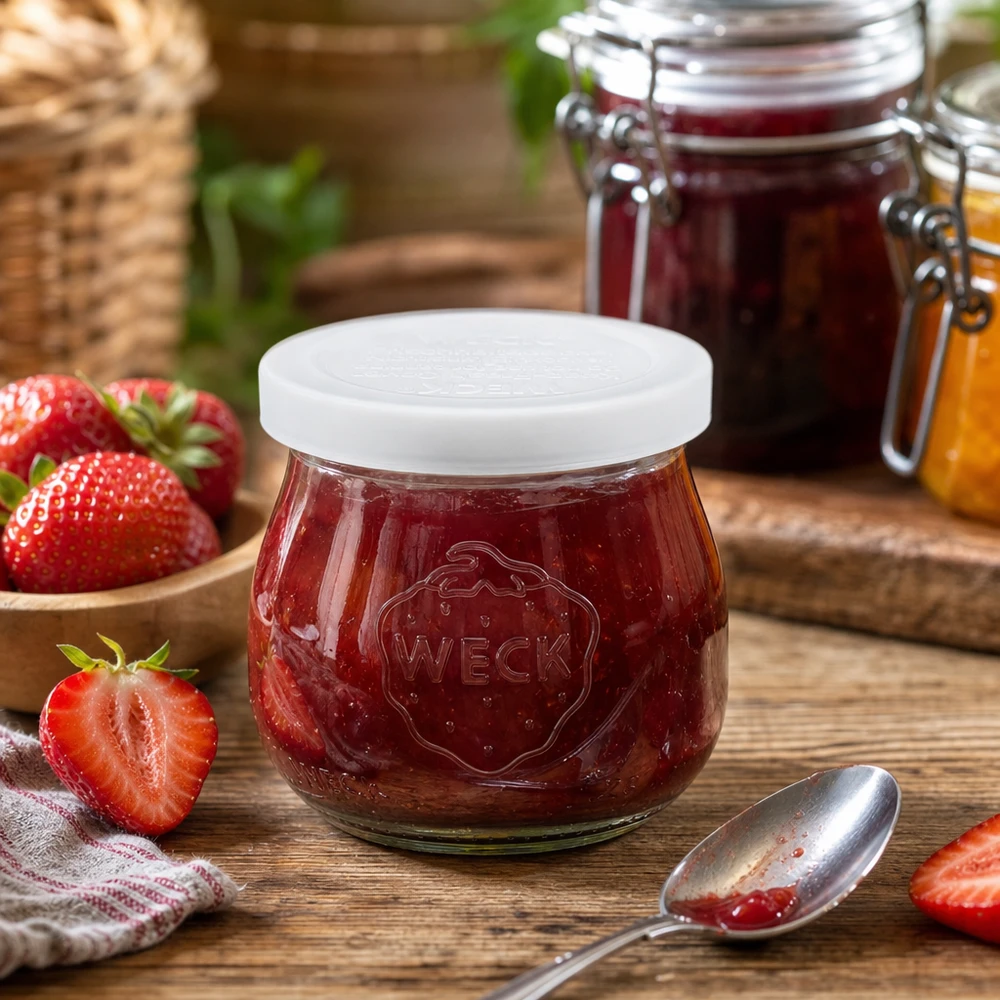 WECK 75 ml tulp potje gevuld met aardbeienjam naast verse aardbeien op houten tafel RR40 inmaakpotje
