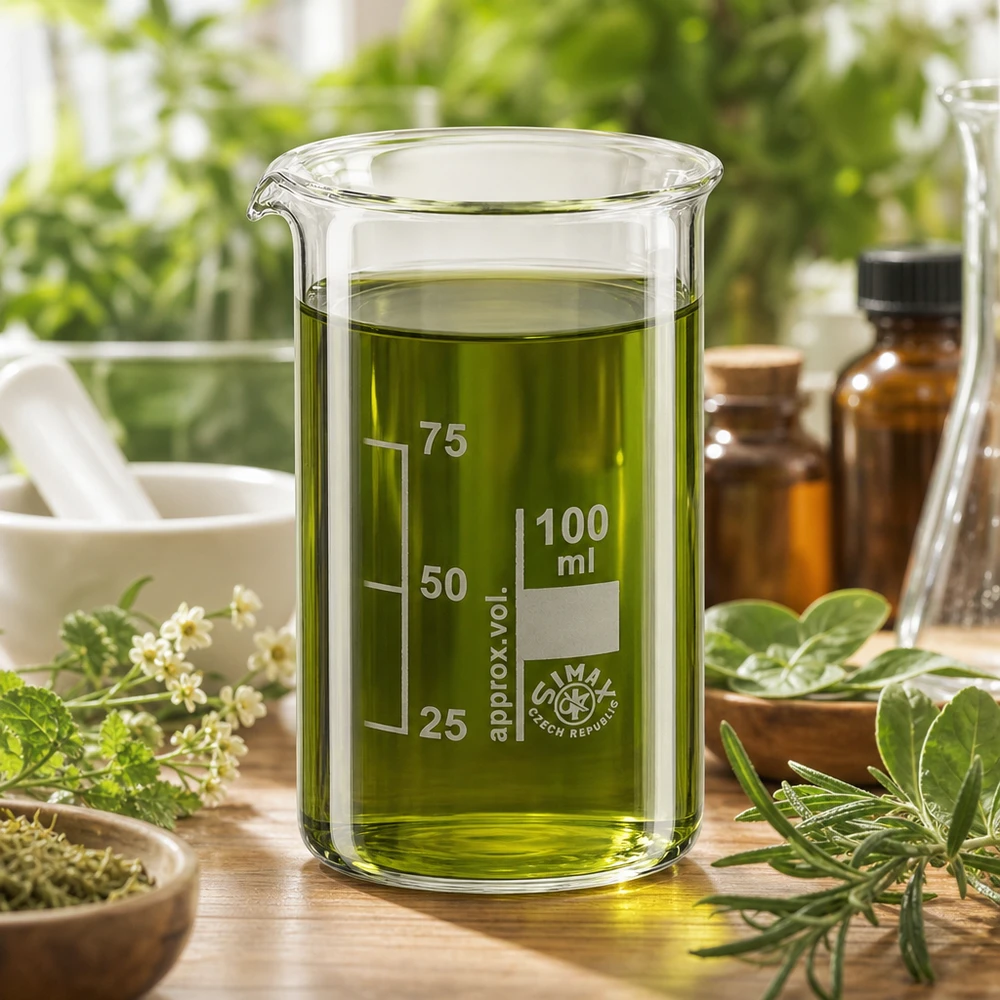Simax-bekerglas van 100 ml met een prachtige vorm en heldergroen plantenextract in een kruidenlaboratoriumomgeving