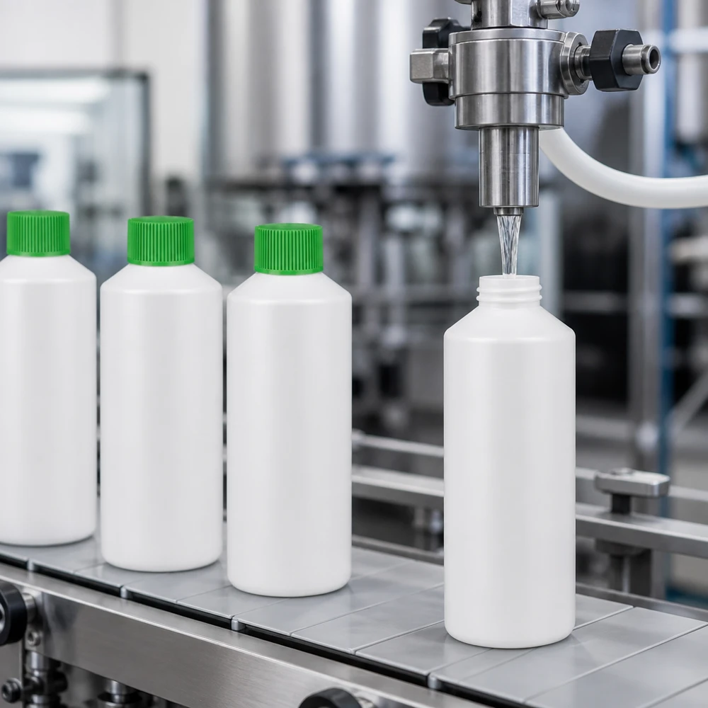 PET cilinderfles 100ml wit met schroefsluiting groen Vijf witte HDPE-apotheekflesjes van 100 ml met groene dop op een roestvrijstalen afvulinstallatie
