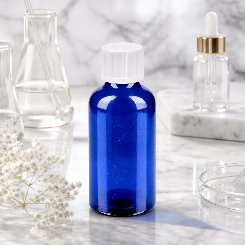 50ml BlueLine glasfles UT18/50 met witte schroefstop voor steriele opslag van vloeistoffen