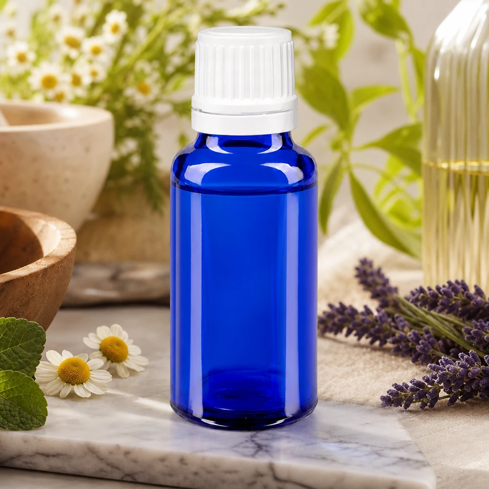 Blauw glazen flesje van 20 ml met UV-bescherming en een witte OV-dop, bestemd voor de natuurgeneeskunde