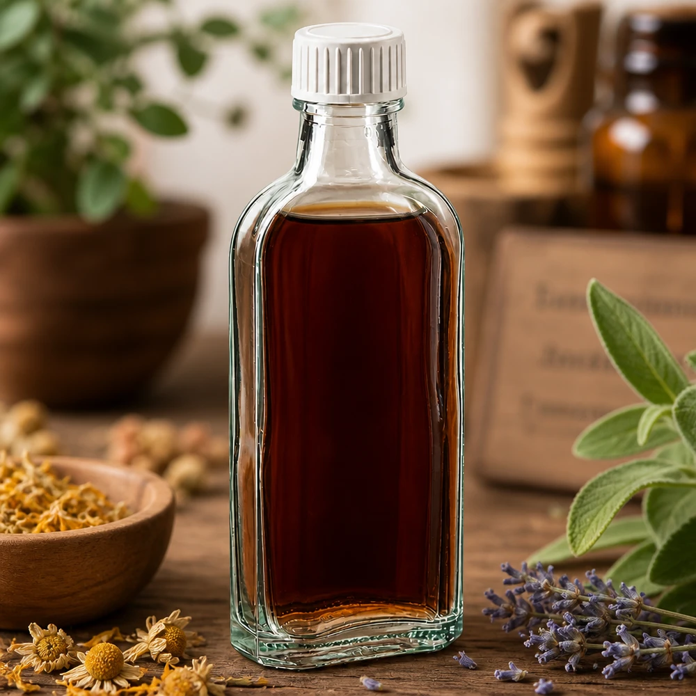 Kleine, platte glazen fles van 100 ml met kindveilige schroefdop en afdichtingsring