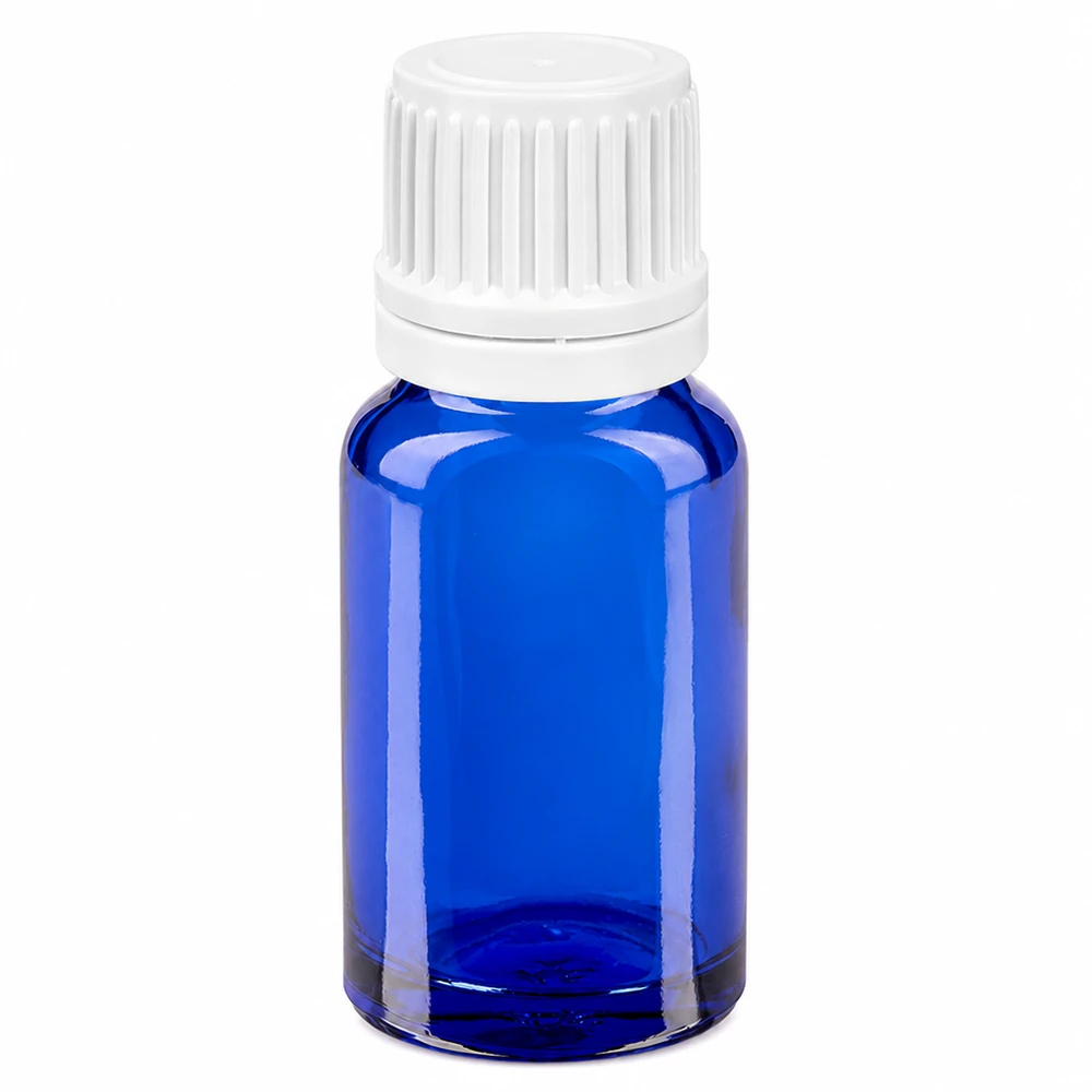 10ml Druppelflesje 0.7mm wit OV BlueLine UT18/10 Hoogwaardige blauwe glazen fles 10ml met witte druppeldop UT18/10