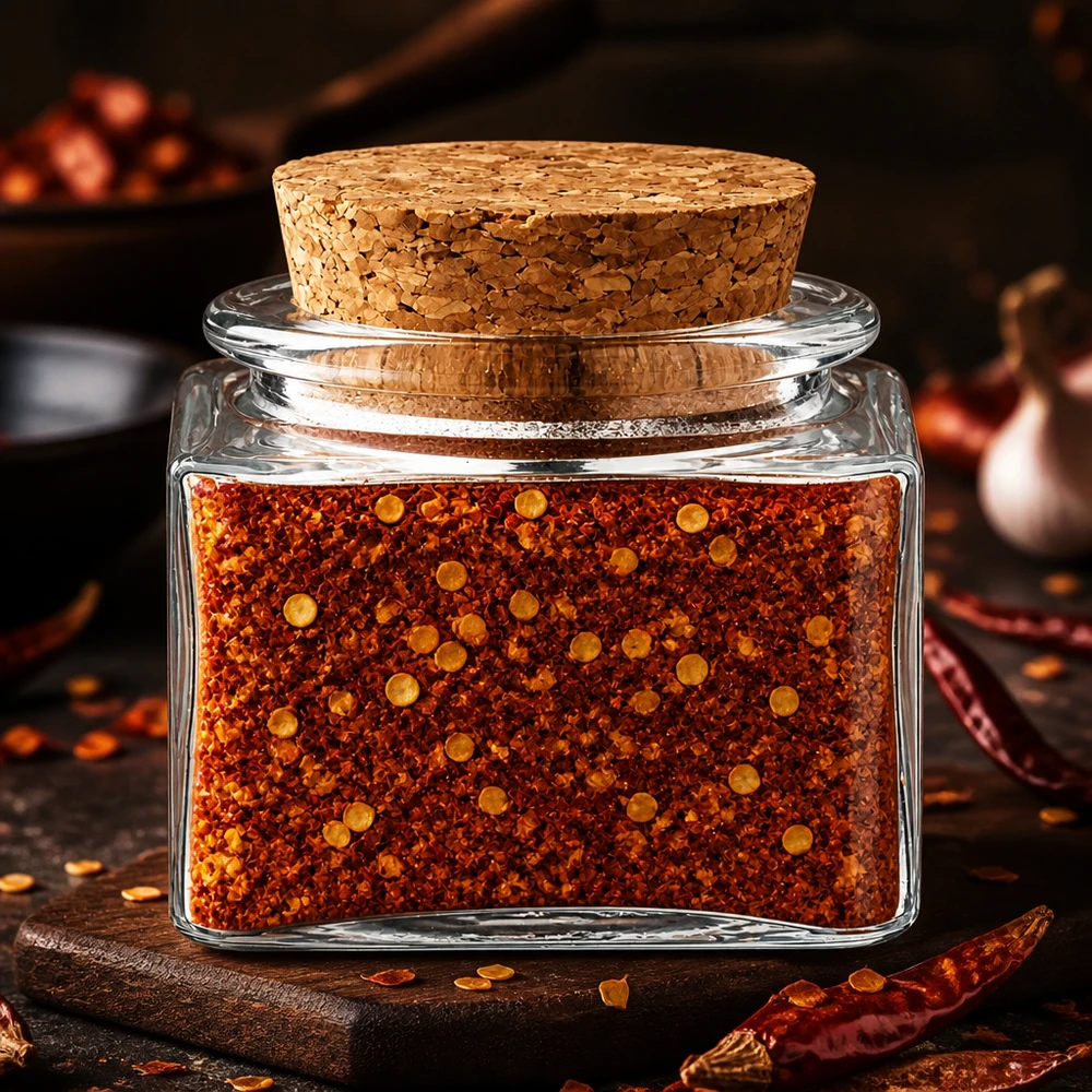 Kruiderpot-idee: Kurkfles Quadratus 40ml helder, opening 28 mm, met kurk Doorzichtige glazen pot met natuurkurk, gevuld met paprikavlokken en gedroogde chiliplakjes
