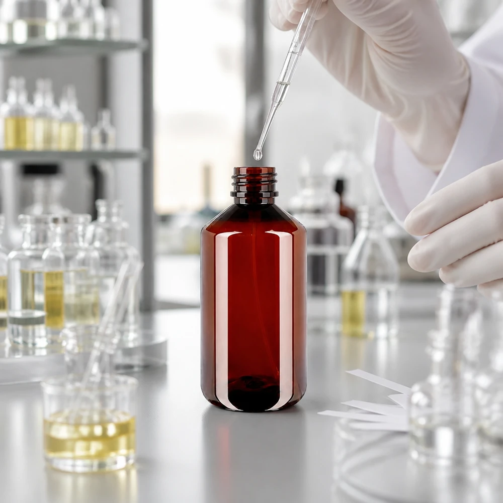 Lege bruine PET-fles van 750 ml met zwarte verstuiver, geschikt voor chemicaliën en oliën
