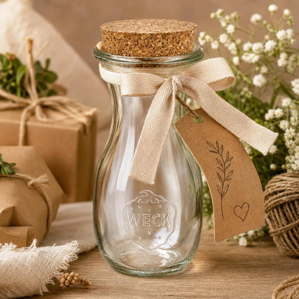WECK sapfles 290ml decoratief met strik en cadeaulabel als cadeau-idee in een natuurlijke decoratieve omgeving