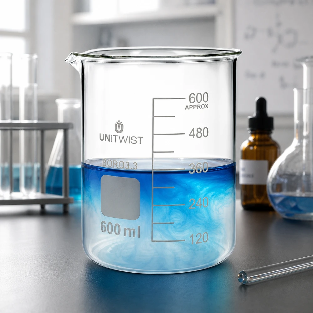 Beker 600ml borosilicaat, lage vorm UNiTWIST Laboratoriumbeker van borosilicaatglas, 600 ml, met een wervelende blauwe inhoud bij een vulniveau van ongeveer 360 ml
