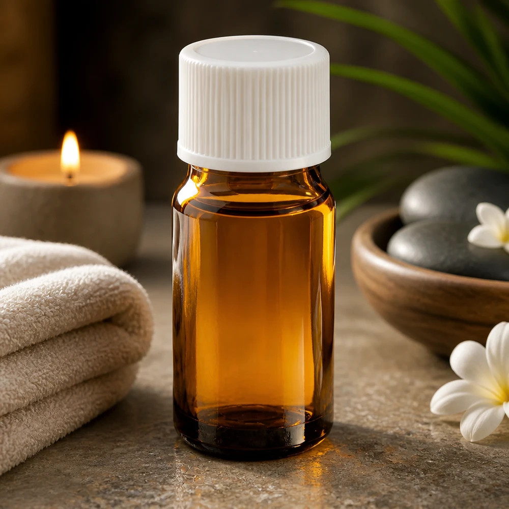 Klein 5ml apothekersflesje van bruin glas met witte schroefdop voor aromatherapie en wellness
