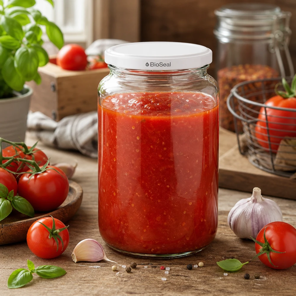 382ml rond glas met BioSeal deksel wit UNiTWIST UNiTWIST Runda382 mit hausgemachter Tomatensauce - frische Pasta-Sauce im BioSeal Einmachglas für Küchen-Vorrat