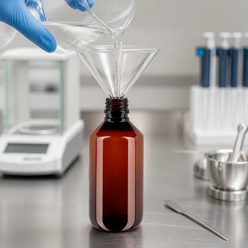 Befüllung einer braunen 200ml PET Flasche mit klarer Flüssigkeit durch Glastrichter im Labor