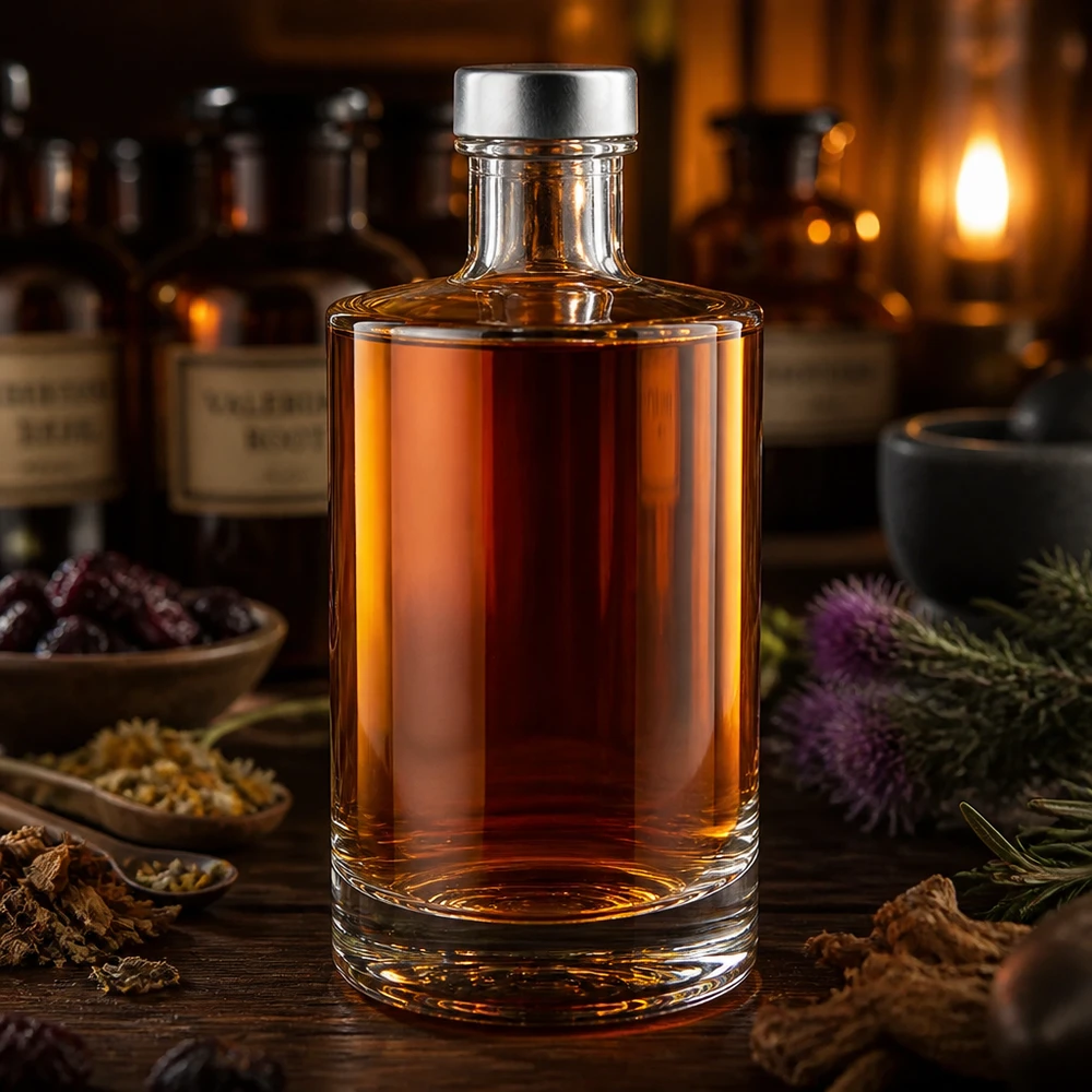 375 ml Sam glazen fles met amberkleurige vulling en zilveren schroefdop in rustieke sfeer met botanische kruiden