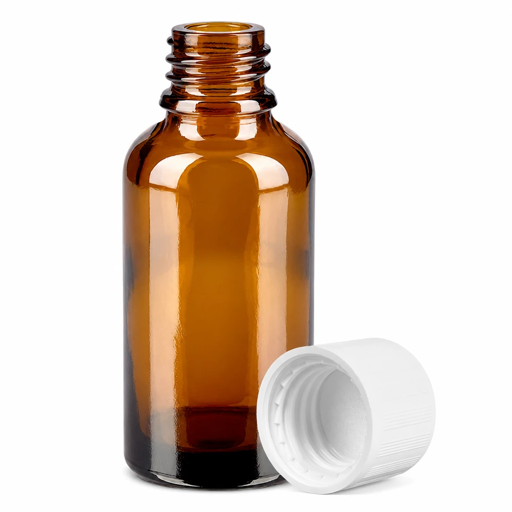 30ml BrownLine glazen fles met 11mm hals en kindveilige witte schroefdop