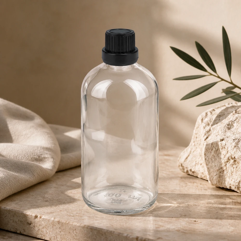 100ml druppelfles 2mm zwart OV ClearLine UT18/100 Doorzichtige druppelfles van 100 ml van helder glas met zwarte schroefdop met originaliteitszegel, serie ClearLine