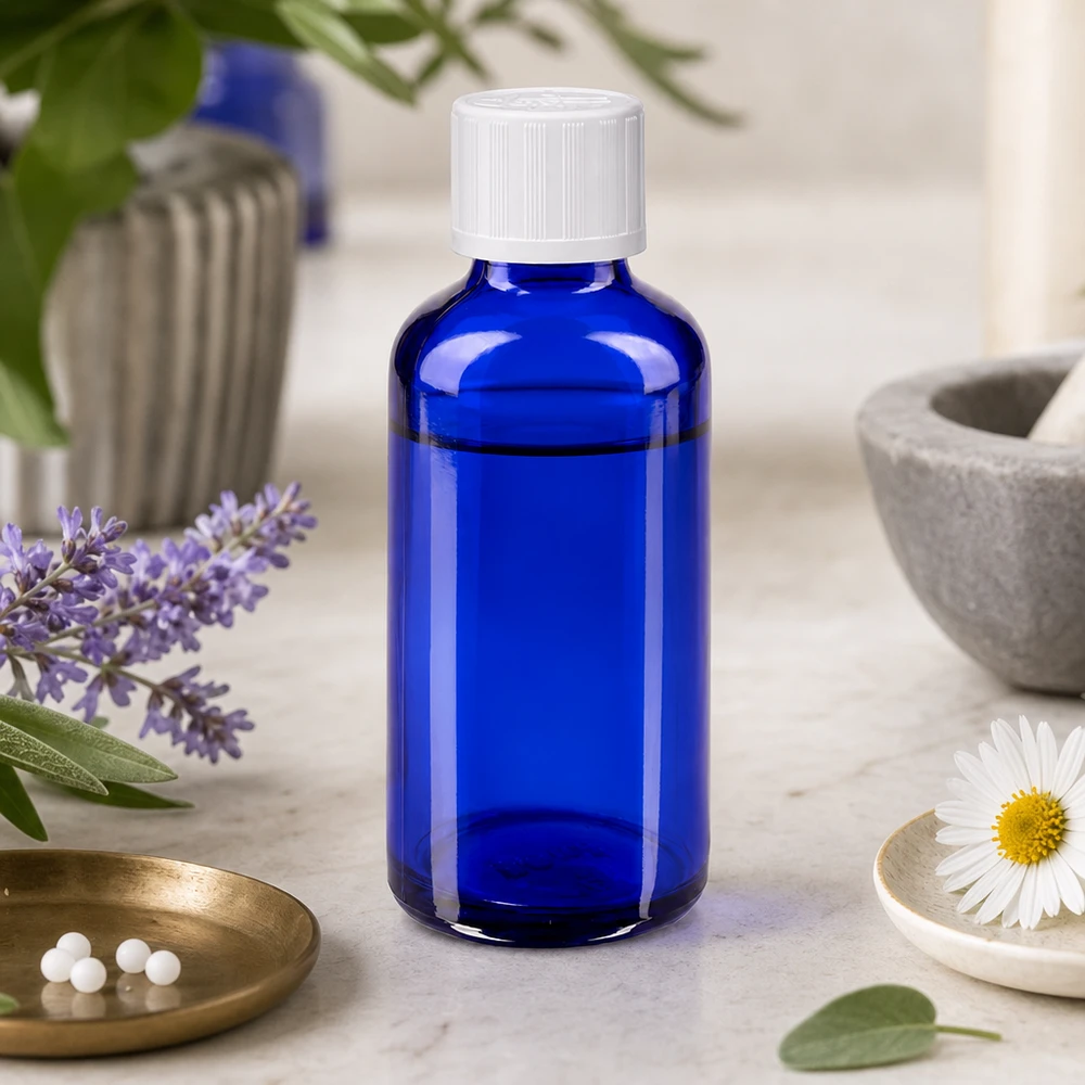 Blauwe glazen flessen 50ml met wit schroefsluiting kinderslot St Kobaltblauw medicijnflesje van 50 ml met kindveilige sluiting, voor medicinale planten en homeopathische korrels